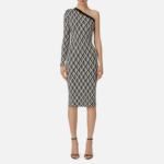 One-shoulder calf-length knit dress with diamond pattern