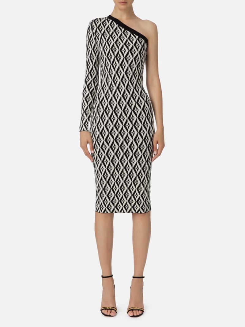 One-shoulder calf-length knit dress with diamond pattern
