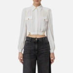 Crop blouse in viscose with logo plaques