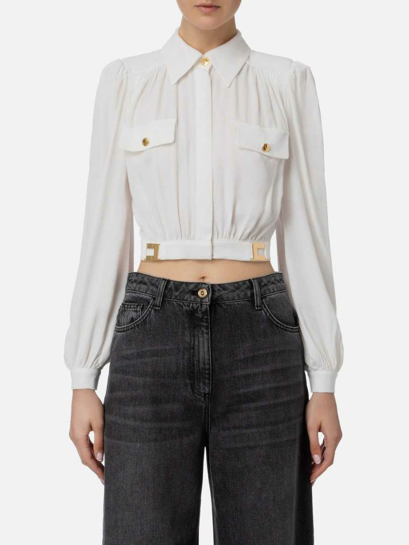 Crop blouse in viscose with logo plaques