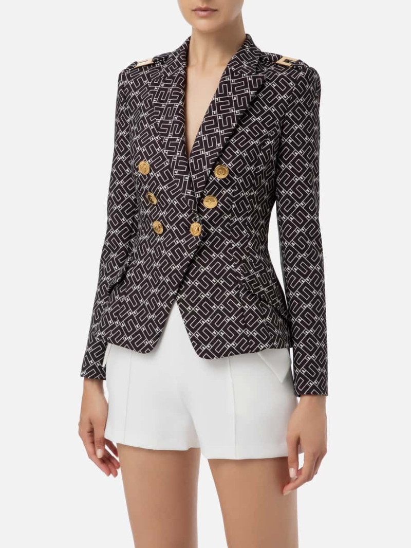 Double-breasted crêpe jacket with logo print