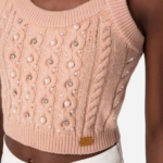 Wool top with rhinestone and pearl embroidery