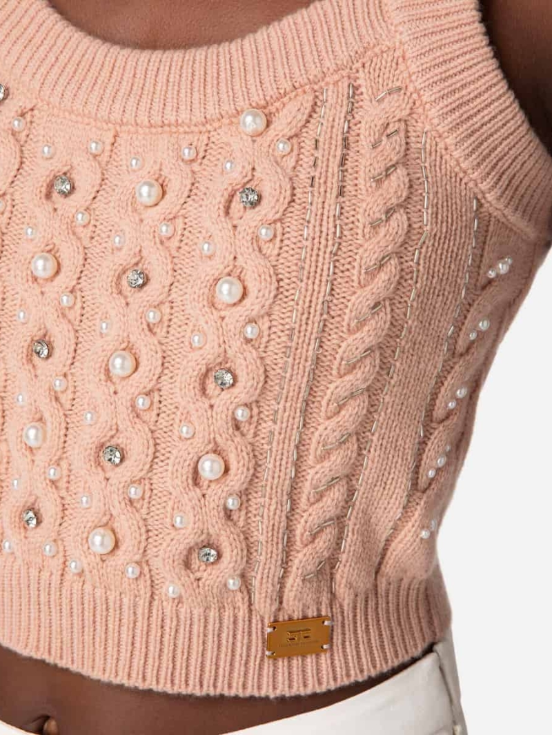 Wool top with rhinestone and pearl embroidery