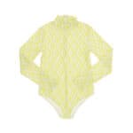 LYCRA BODYSUIT WITH LIME/BUTTER DIAMOND PRINT