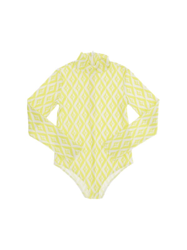 LYCRA BODYSUIT WITH LIME/BUTTER DIAMOND PRINT