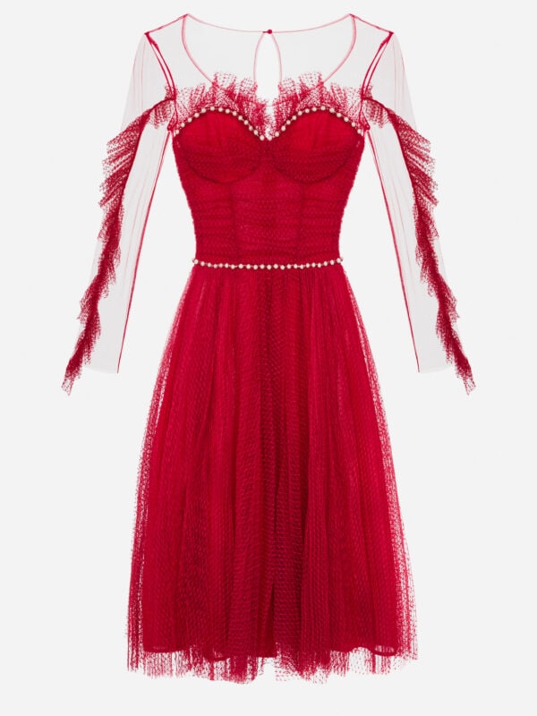 Midi dress with pleated tulle and pearls
