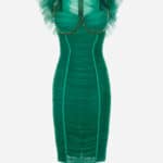 Calf-length dress in tulle fabric with ruffles and rhinestones