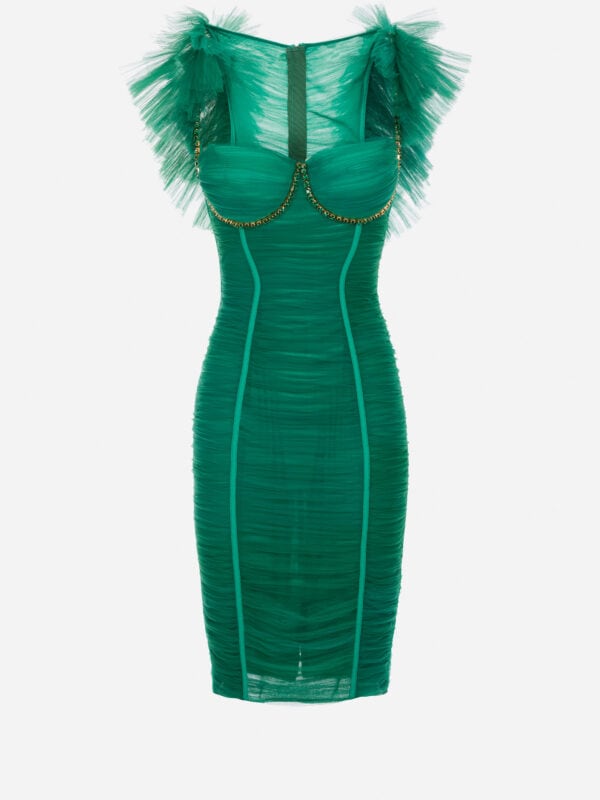 Calf-length dress in tulle fabric with ruffles and rhinestones