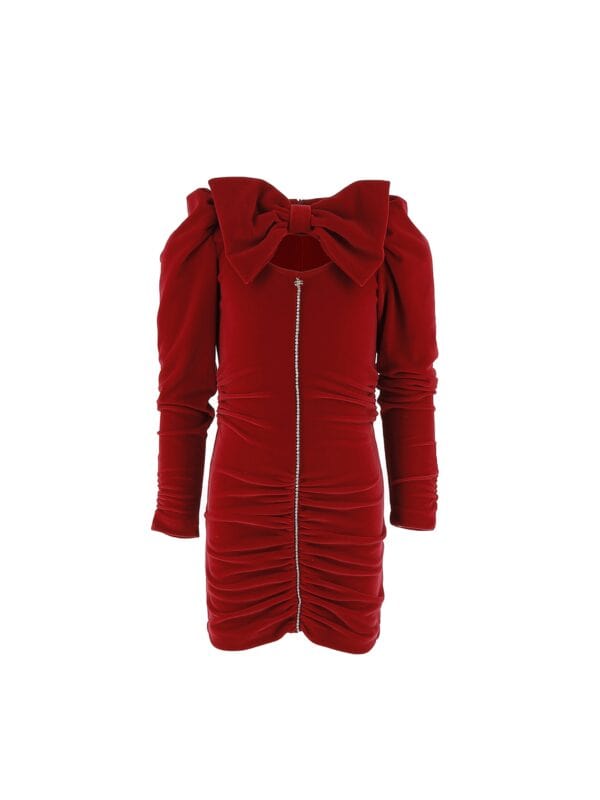 STRETCH VELVET DRESS WITH RED VELVET RHINESTONES APPLICATION