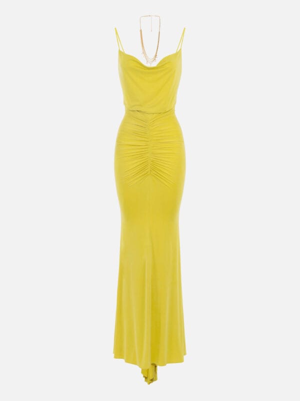 Red carpet dress in draped cupro jersey