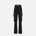 Straight trousers in crêpe fabric with pockets and belt
