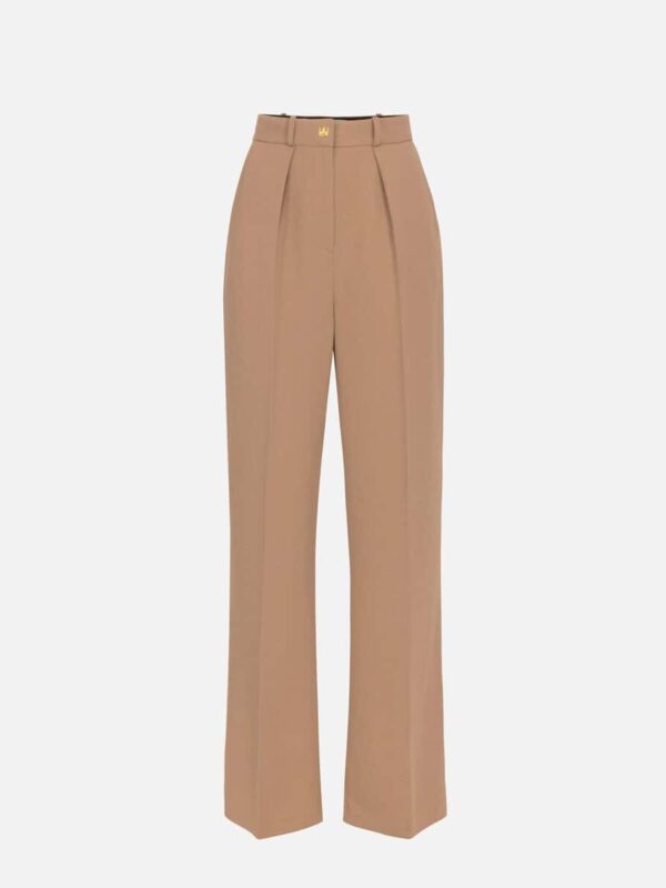 Straight trousers in woven crêpe fabric with emblem rivet