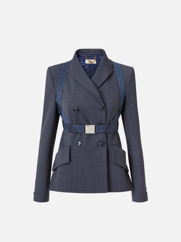Double-breasted melange cool wool jacket with elastic harness
