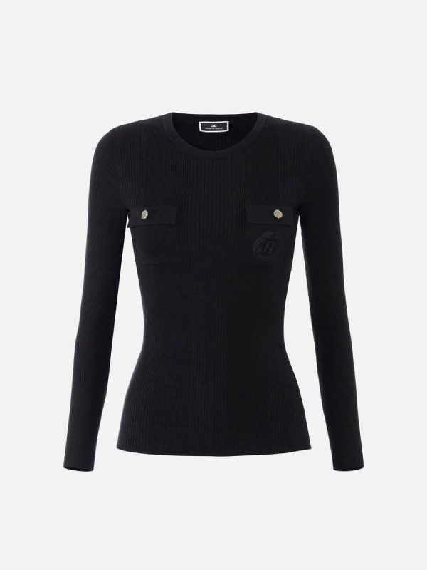 Crew neck shirt in narrow-ribbed lyocell and silk fabric with logo embroidery