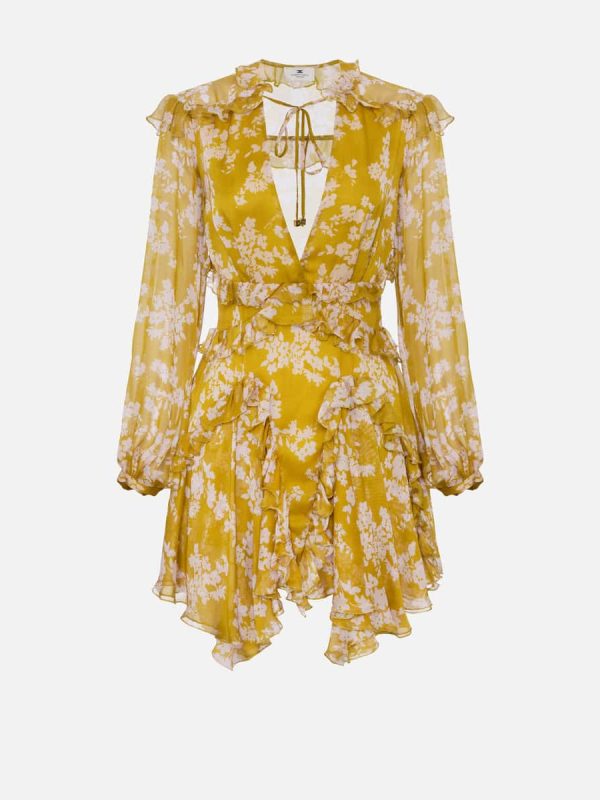 Silk voile printed dress with ruffles