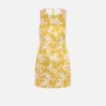 Dress in printed duchess satin and tulle fabric