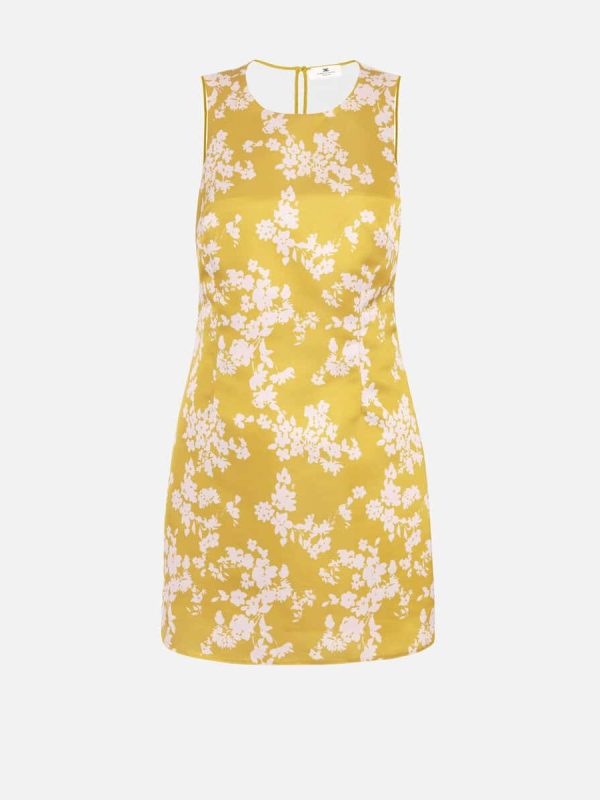 Dress in printed duchess satin and tulle fabric