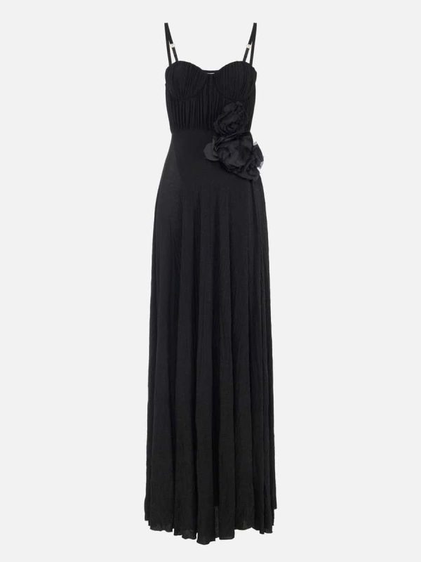 Red Carpet dress made of lurex jersey fabric with embroidered flower