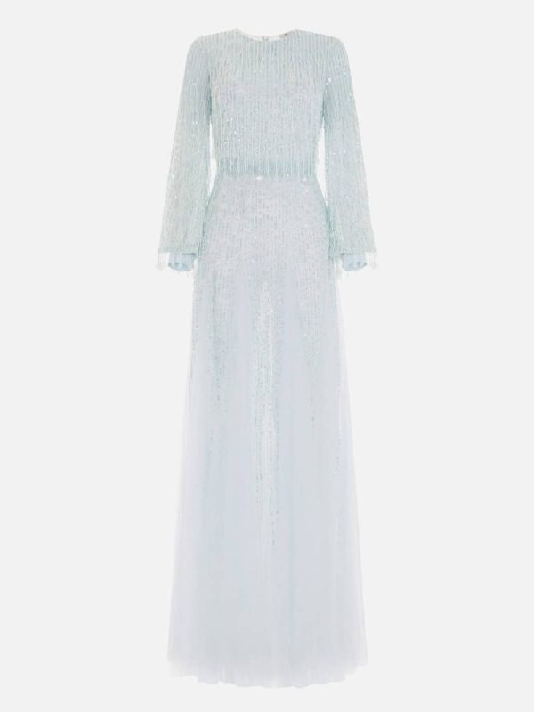 Red Carpet dress in georgette fabric with sequins fringes