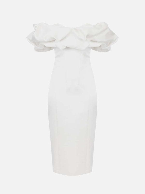 Dress in duchess satin with 3D neckline