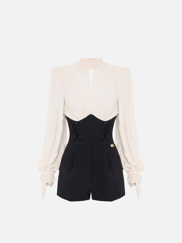 Crêpe and georgette romper suit with criss-cross laces