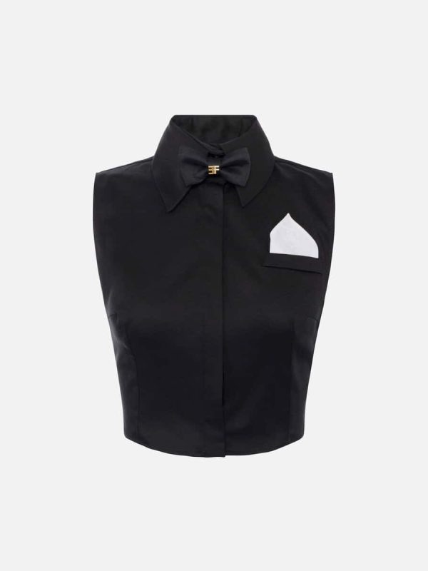 Cotton satin cropped shirt with bow tie
