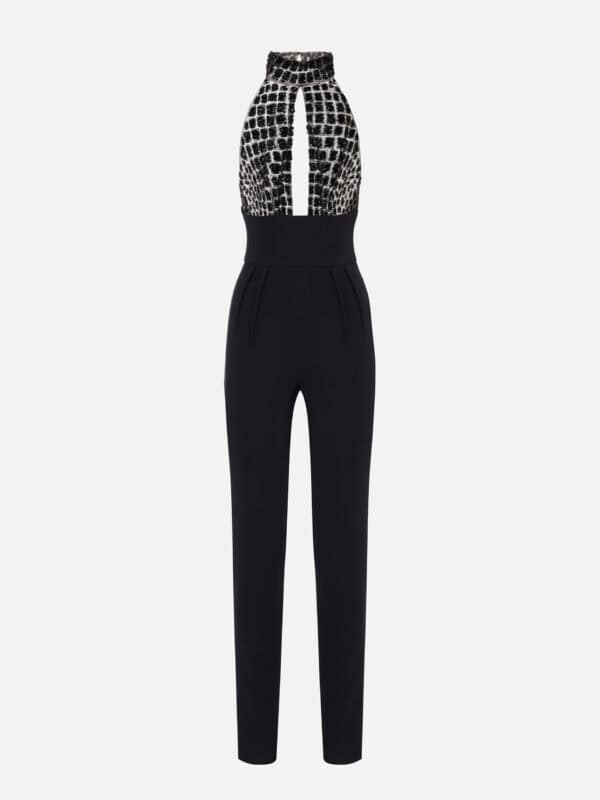 Jumpsuit in tulle and crêpe fabrics with crocodile embroideries