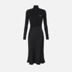 Dress in ribbed knit and satin fabrics with pocket