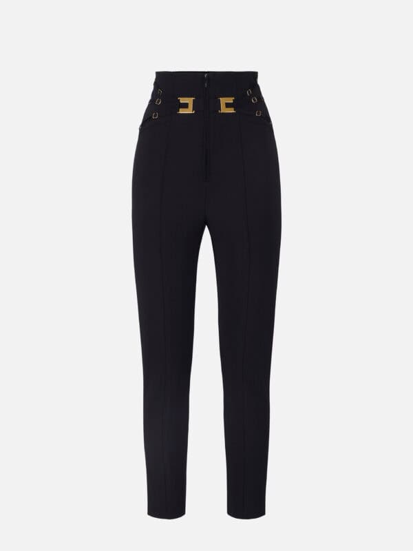 Trousers in double layer stretch crêpe fabric with elastic straps