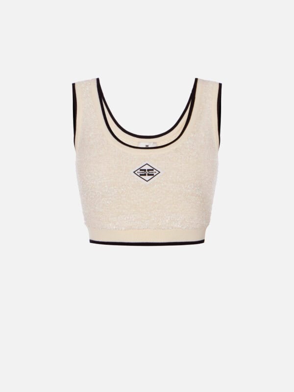 Top in bouclé chenille fabric with contrasting details